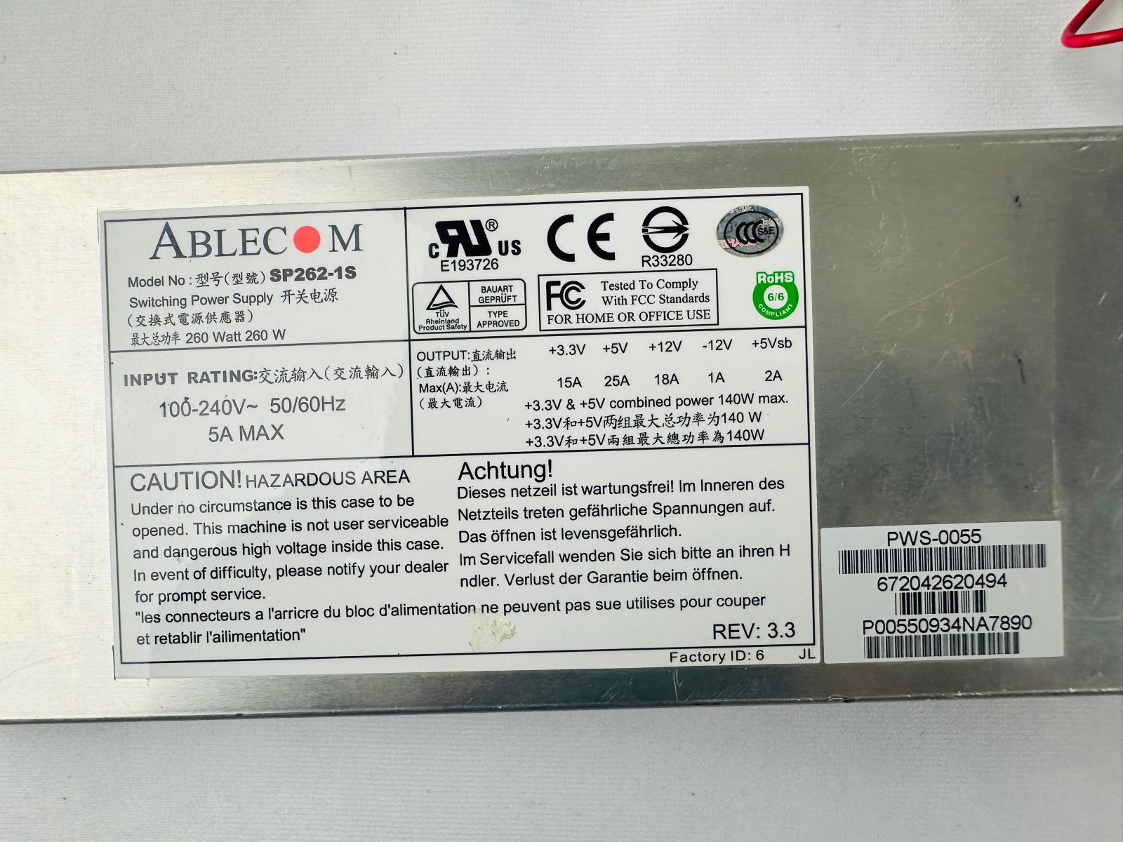 Ablecom SP262-1S PWS-0055 Power Supply Ablecom SP262-1S PWS-0055 Power Supply