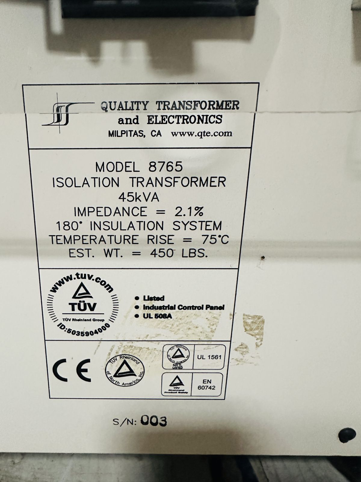 Quality Transformer and Electronics Model 8765 Isolation Transformer | 45kVA Quality Transformer and Electronics Model 8765 Isolation Transformer | 45kVA