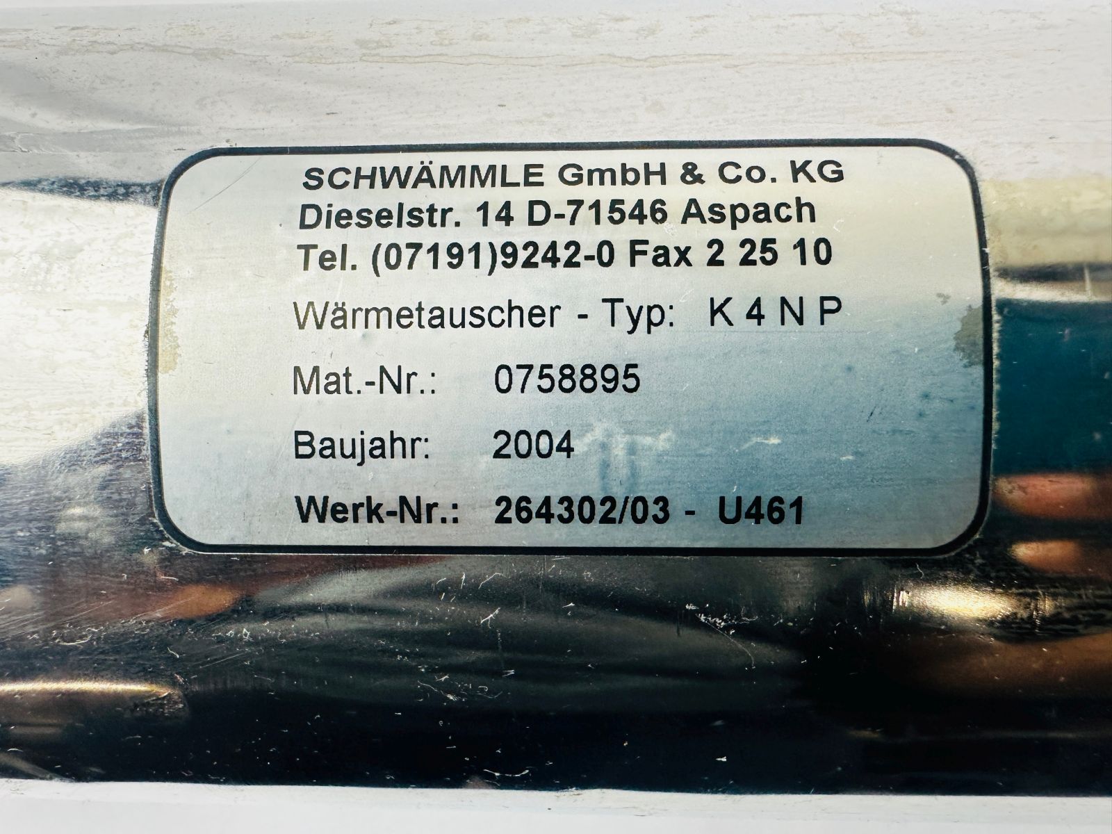 Schwammle 0758895 K4NP Shell & Tube Heat Exchanger Schwammle 0758895 K4NP Shell & Tube Heat Exchanger