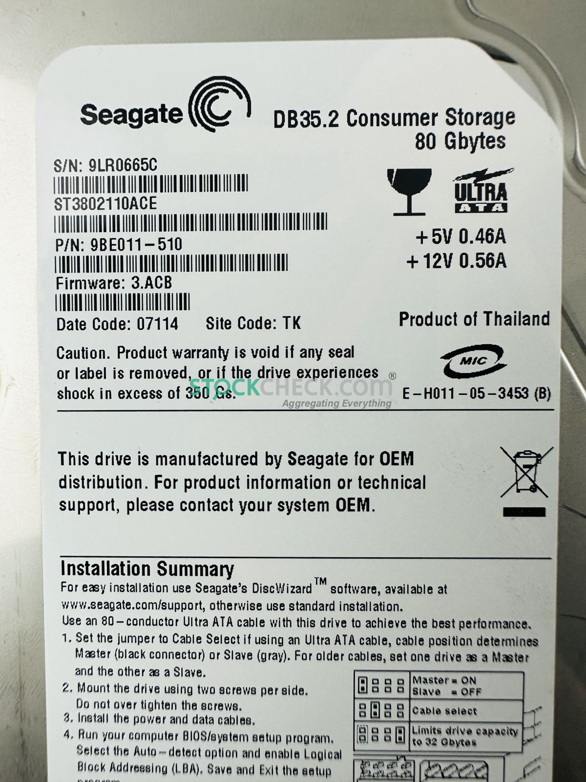 Seagate 9BE011-510 ST3802110ACE Hard Disk Drive Seagate 9BE011-510 ST3802110ACE Hard Disk Drive