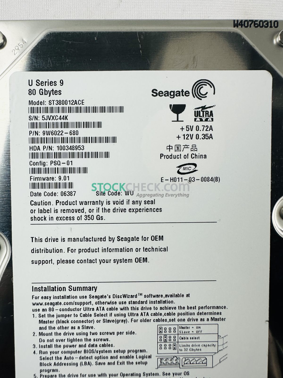 Seagate 9W6022-680 ST380012ACE Hard Disk Drive Seagate 9W6022-680 ST380012ACE Hard Disk Drive